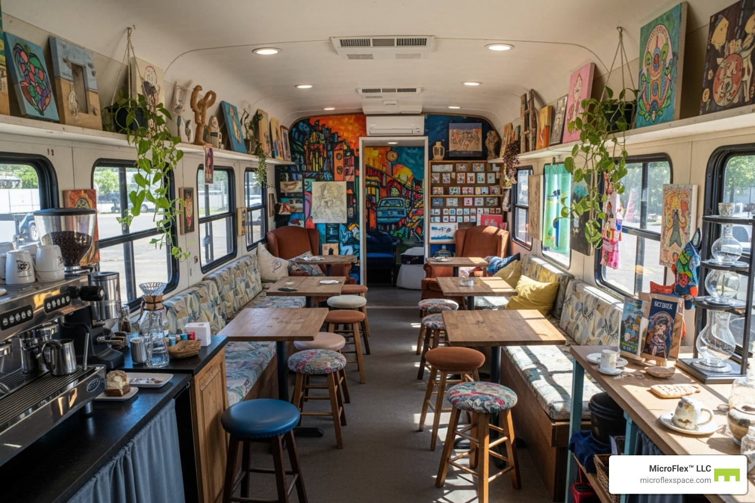 A mobile office converted into a vibrant art studio or a charming pop-up cafe, showcasing custom interior design and creative use of space - mobile offices A mobile office converted into a vibrant art studio or a charming pop-up cafe, showcasing custom interior design and creative use of space - mobile offices