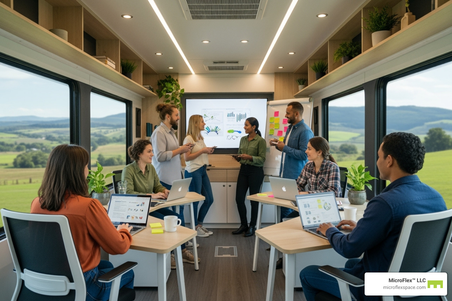 A team collaborating inside a well-lit mobile office, showcasing a modern interior with desks, chairs, and natural light - mobile offices A team collaborating inside a well-lit mobile office, showcasing a modern interior with desks, chairs, and natural light - mobile offices