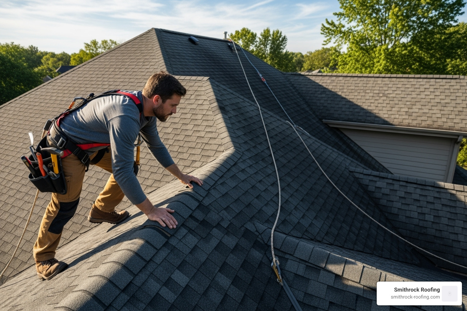 A professional roofer safely harnessed while inspecting a roof, emphasizing safety and expertise - hail damage home repair