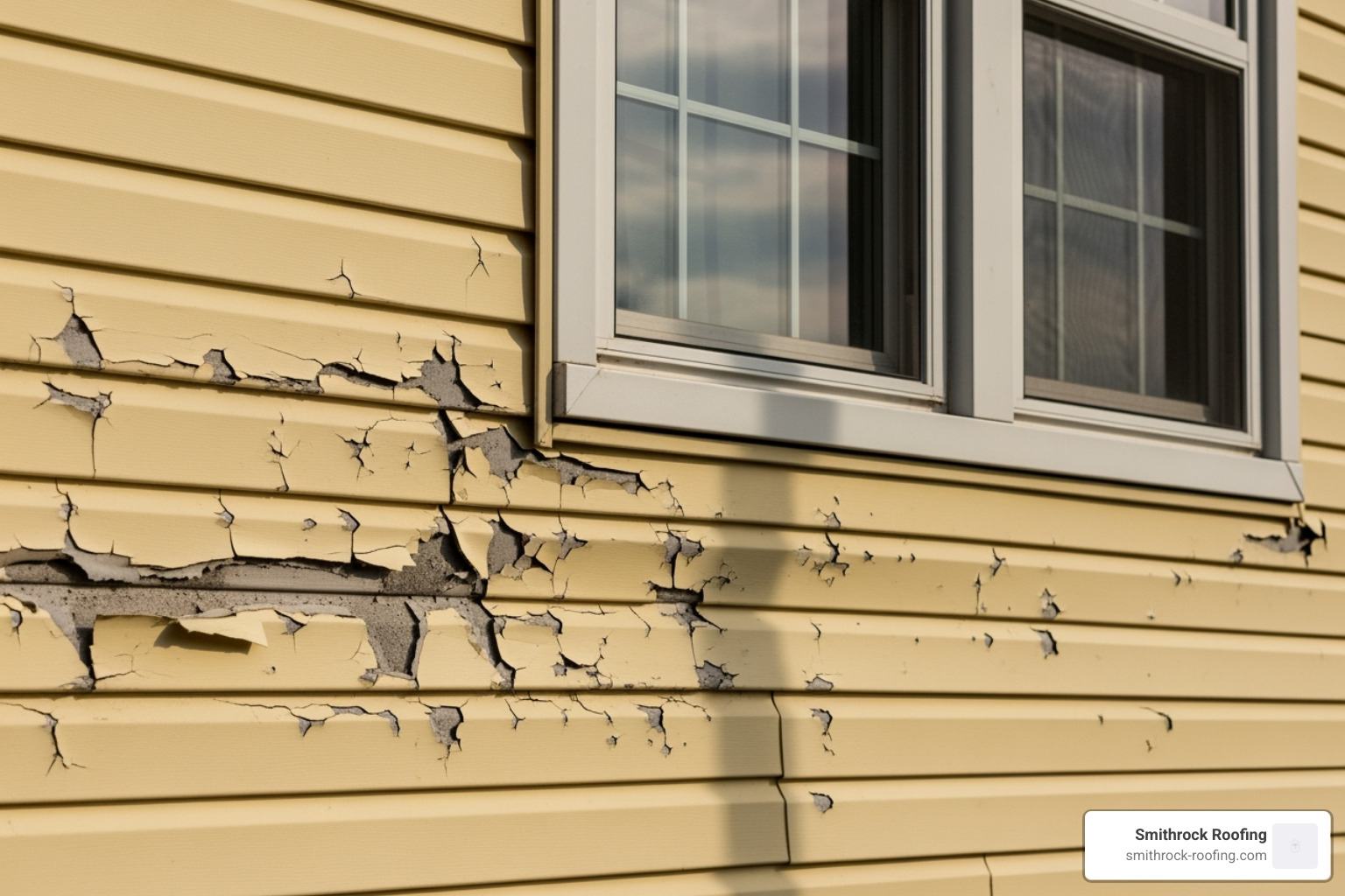 Cracked vinyl siding next to a window, showing common hail damage to siding - hail damage home repair