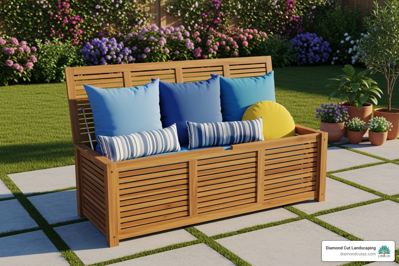 storage bench on a patio filled with outdoor cushions - functional outdoor spaces