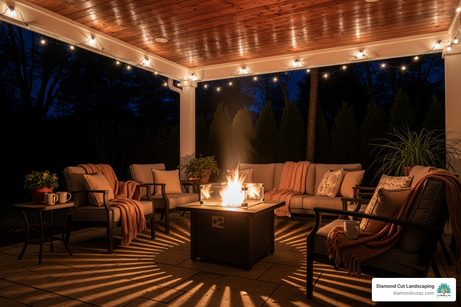 cozy covered patio with a fire pit, comfortable seating, and string lights for evening use - functional outdoor spaces