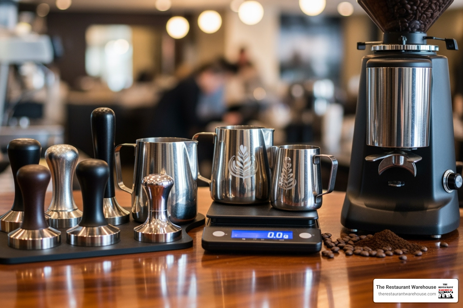 A collection of various barista tools and smallwares, including tampers, milk pitchers, scales, and coffee grinders - cafe equipment suppliers A collection of various barista tools and smallwares, including tampers, milk pitchers, scales, and coffee grinders - cafe equipment suppliers