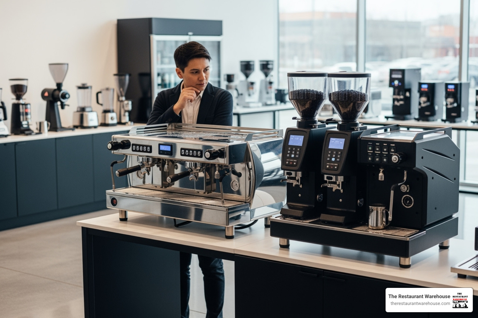 A person comparing two different pieces of cafe equipment in a showroom, highlighting the decision-making process - cafe equipment suppliers A person comparing two different pieces of cafe equipment in a showroom, highlighting the decision-making process - cafe equipment suppliers