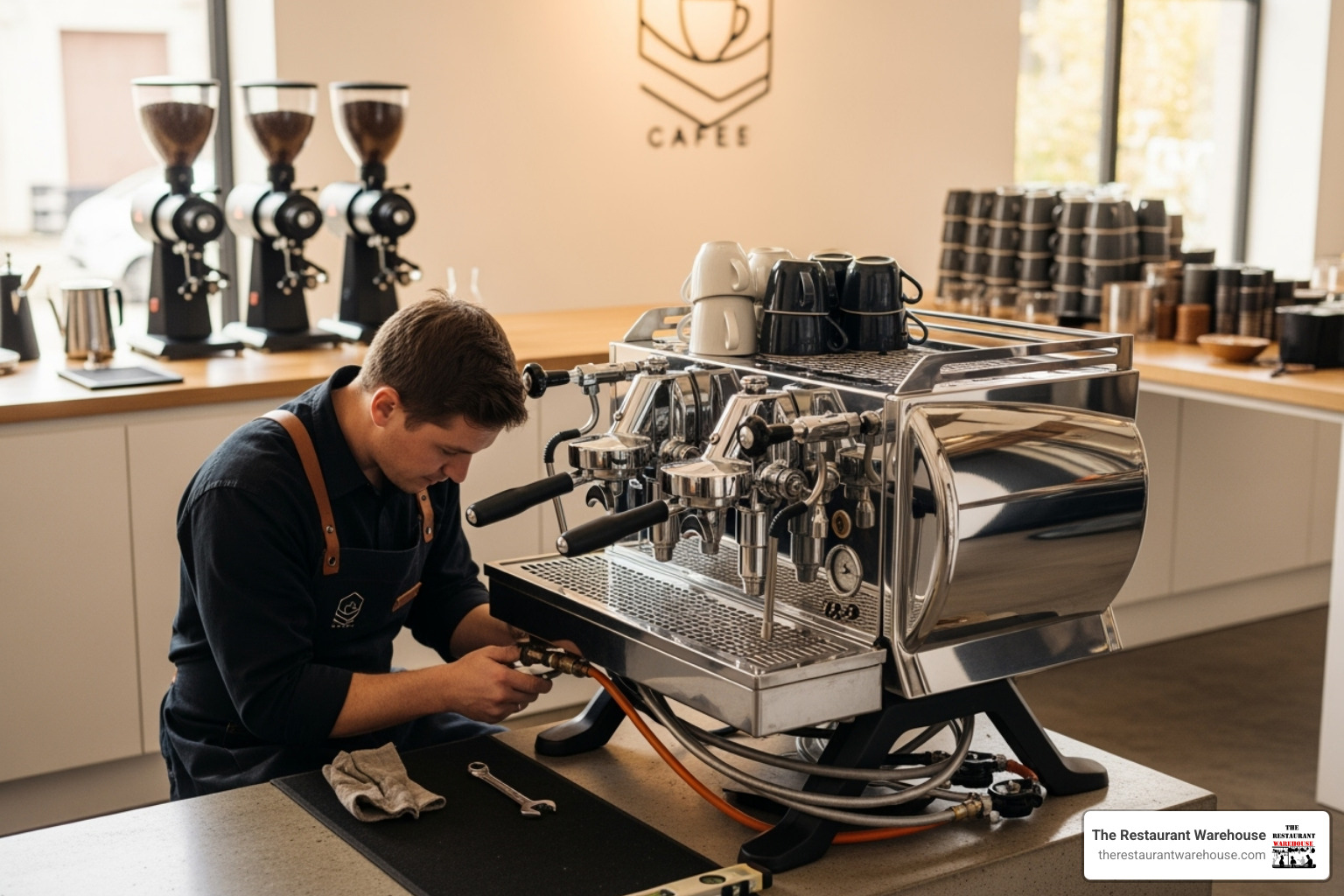 A person expertly installing an espresso machine in a modern cafe setting - cafe equipment suppliers A person expertly installing an espresso machine in a modern cafe setting - cafe equipment suppliers