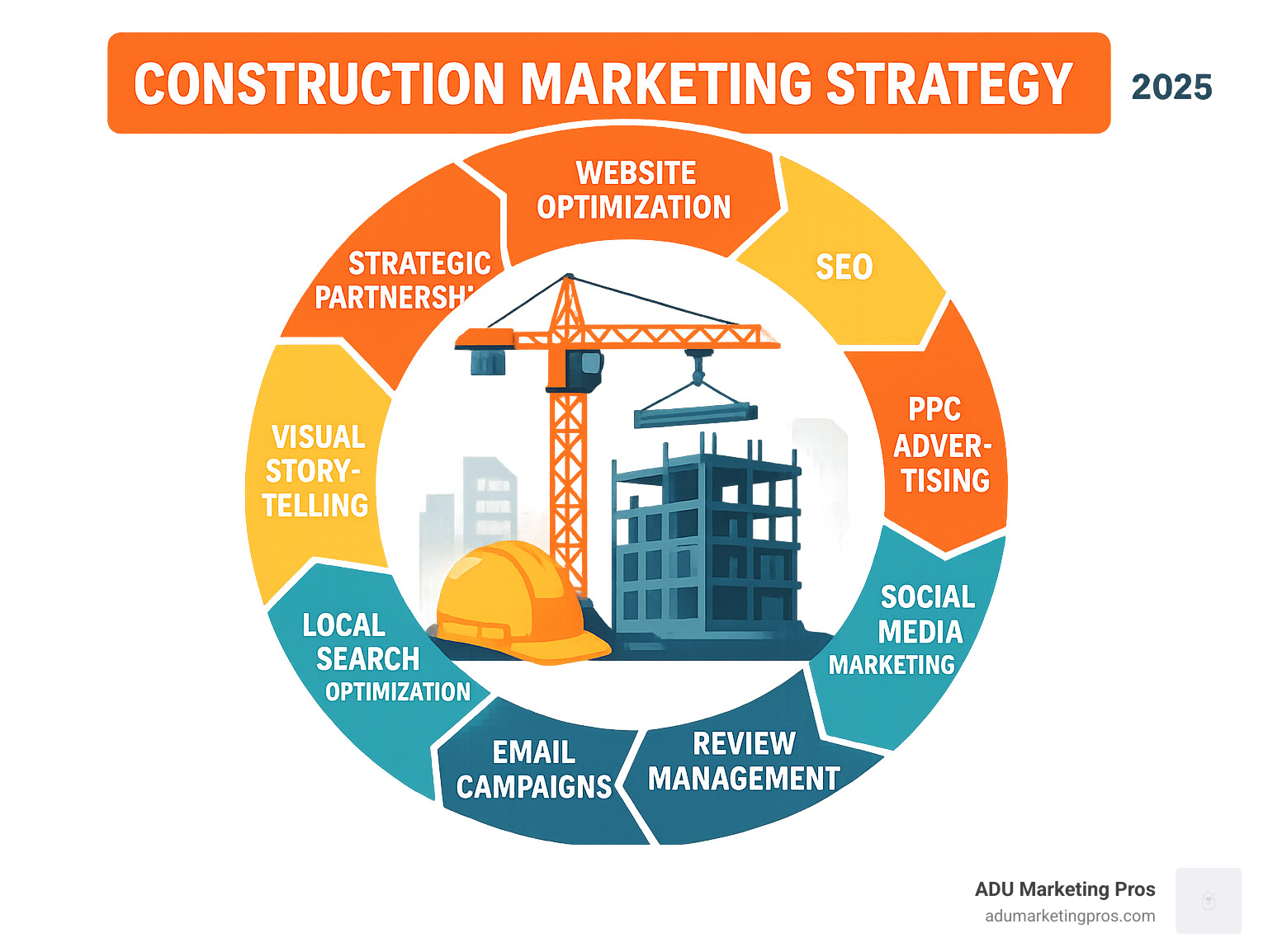 Construction marketing strategy infographic showing the 10 key pillars: website optimization, SEO, PPC advertising, social media marketing, content creation, review management, email campaigns, local search optimization, visual storytelling, and strategic partnerships, all connected in a circular flow diagram with construction imagery - Construction Company Marketing infographic 