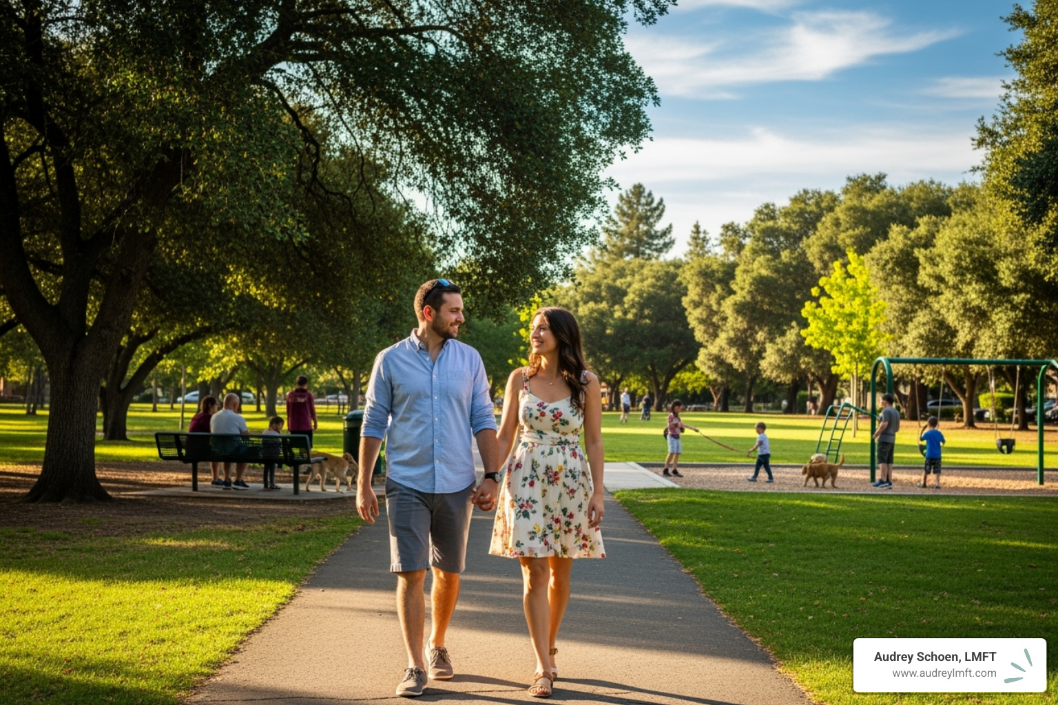 couple walking together Roseville park - couples therapy intensive roseville