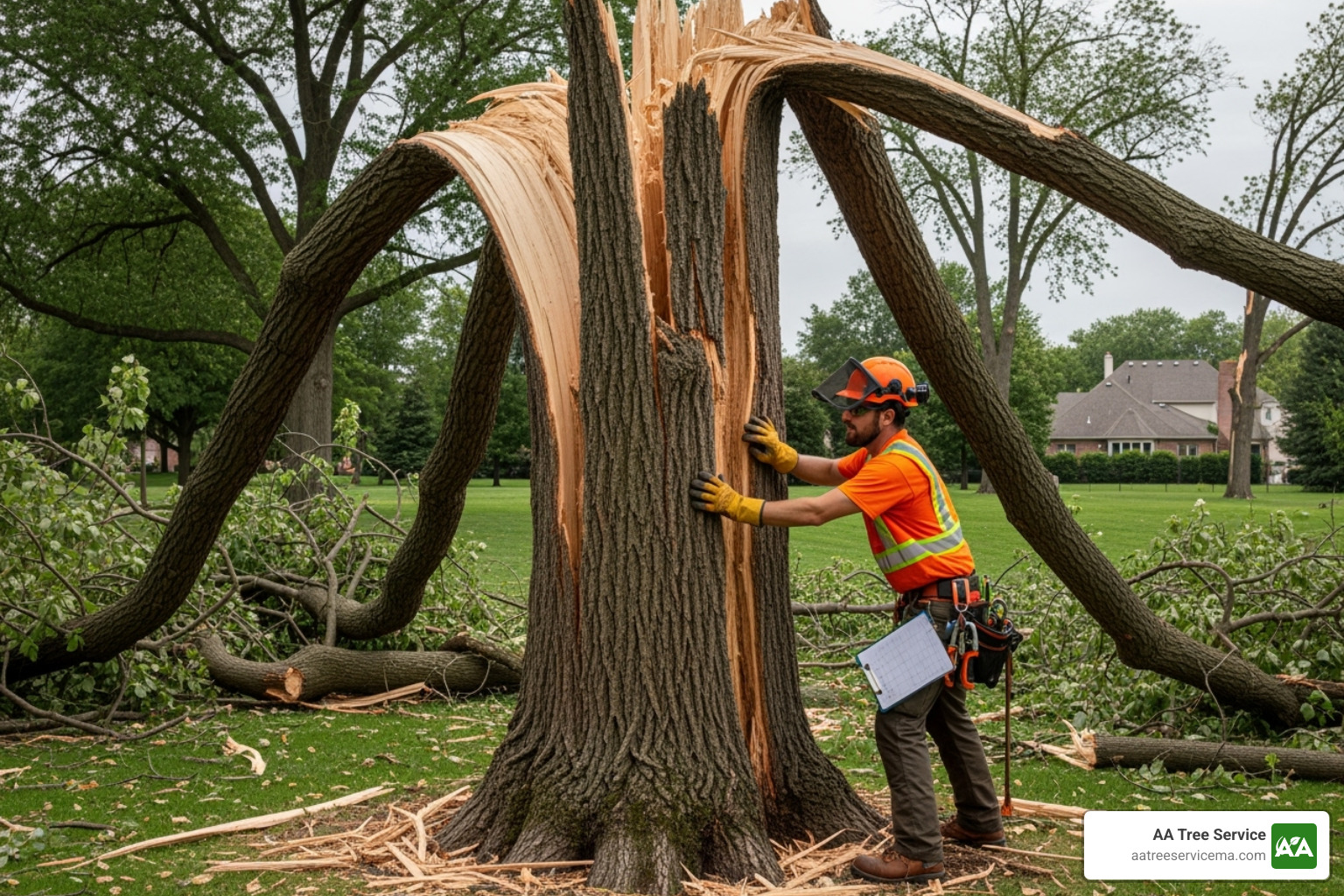 certified arborist assessing large damaged tree - storm damage tree care certified arborist assessing large damaged tree - storm damage tree care