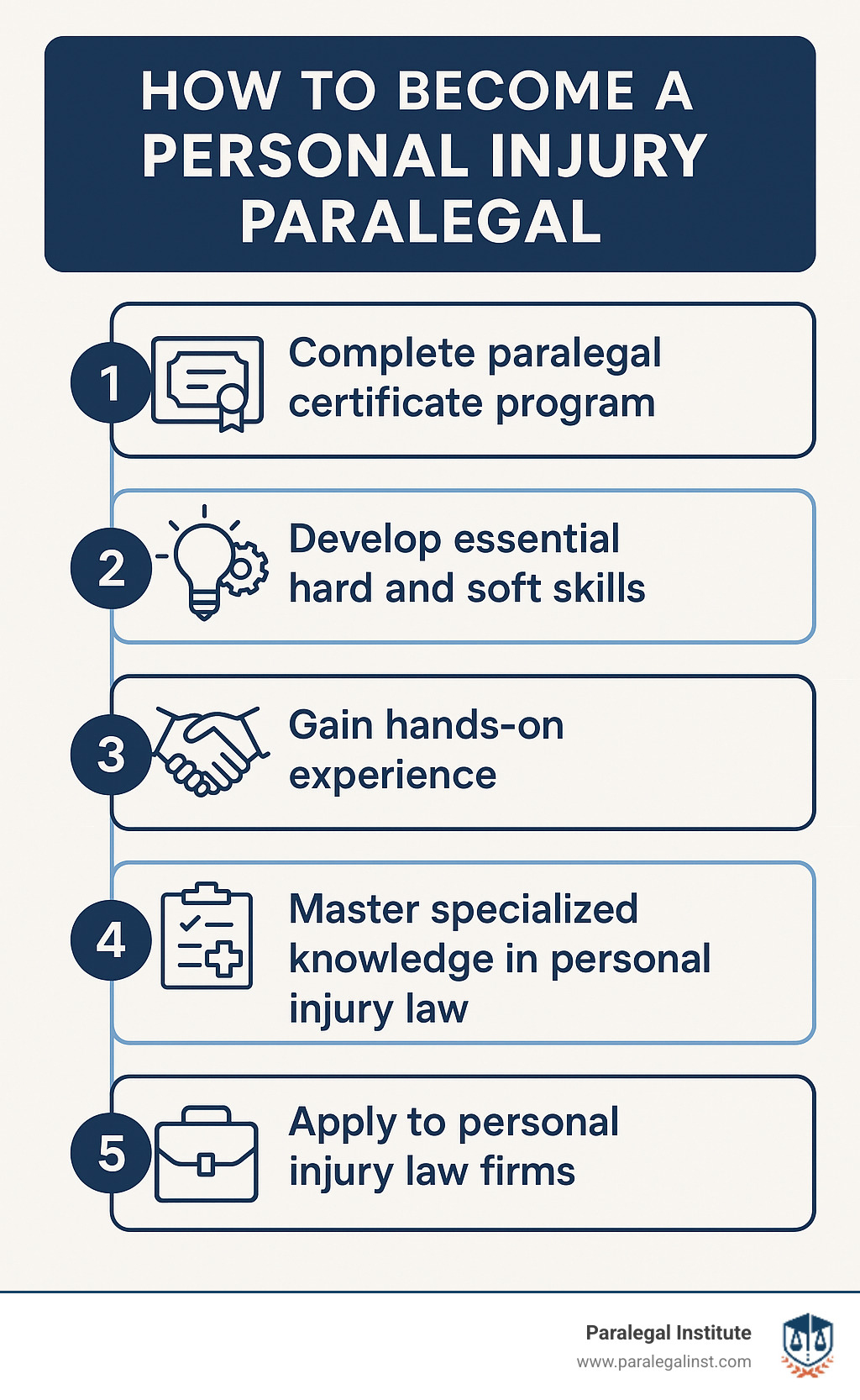 Infographic showing the 5 key steps to becoming a personal injury paralegal: 1) Complete paralegal certificate program focusing on practical skills and tort law, 2) Develop essential hard and soft skills including legal research, medical terminology, and client communication, 3) Gain hands-on experience through internships or entry-level legal support roles, 4) Master specialized knowledge in personal injury law including medical records and case management, 5) Apply to personal injury law firms with confidence in your practical abilities - how to become a personal injury paralegal infographic 