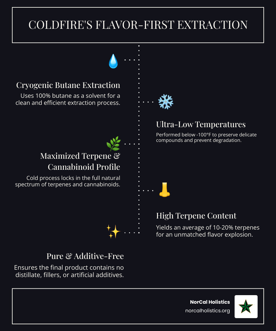 Infographic showing ColdFire extraction process: 100% butane extraction at below -100°F temperatures preserves maximum terpenes and cannabinoids, resulting in 10-20% terpene content in cured resin juice cartridges with no additives, distillate, or degradation - best cold fire cart infographic infographic-line-5-steps-dark