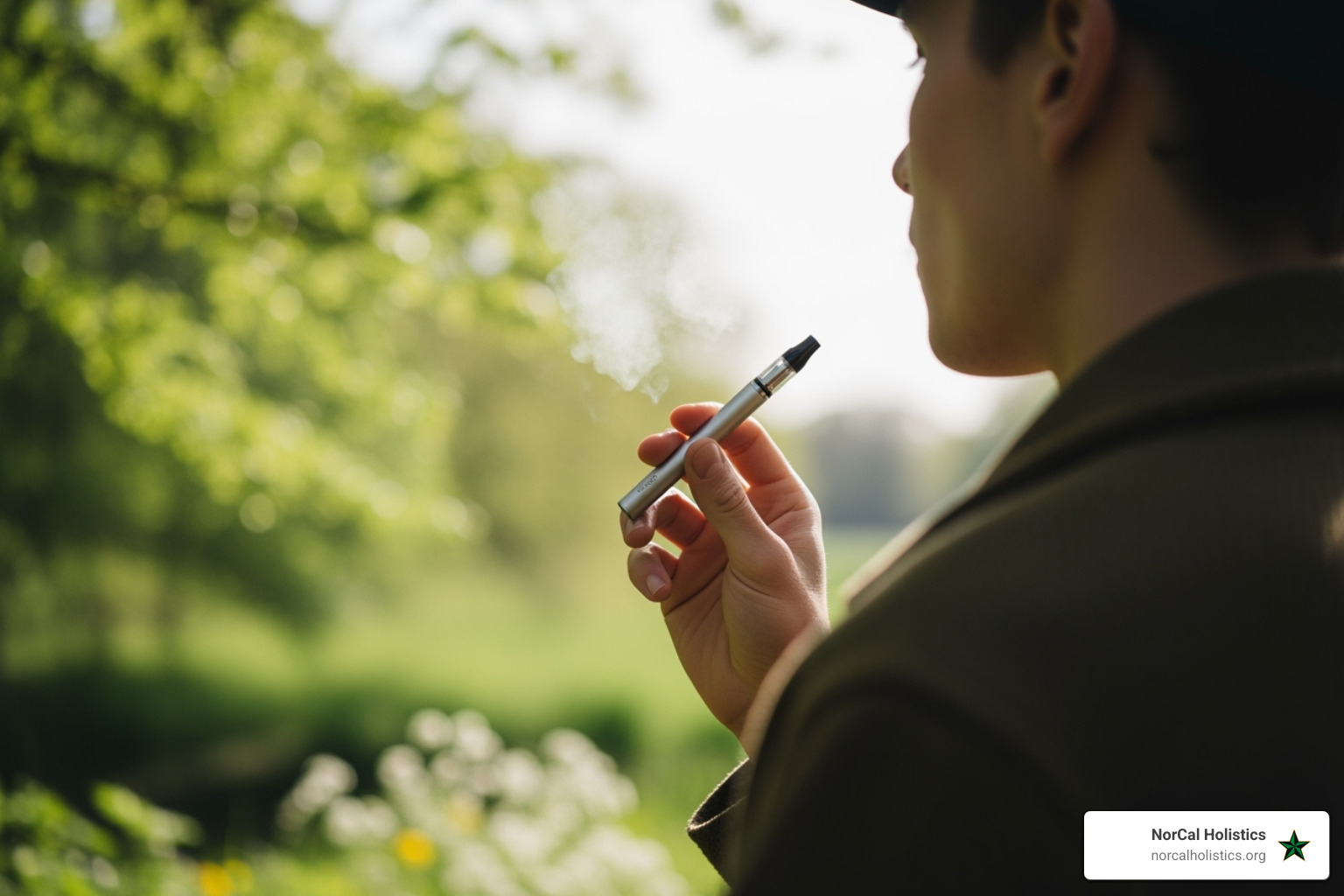 A person enjoying a vape outdoors - best cold fire cart