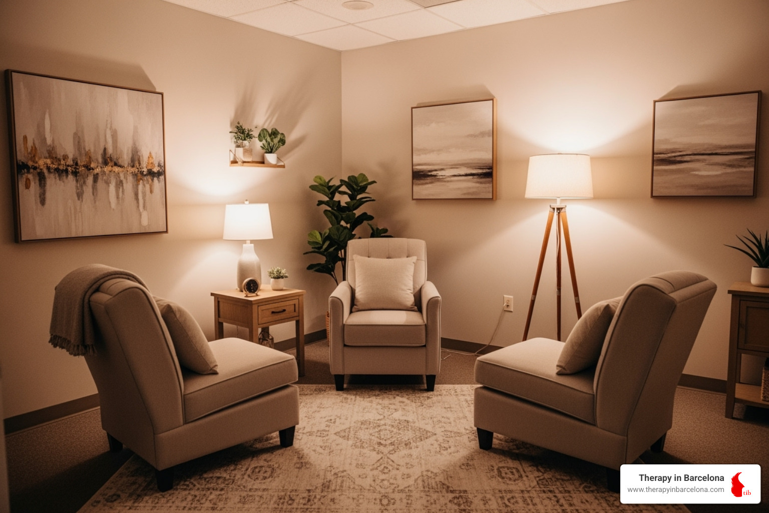 Welcoming, empty therapy room with two chairs and a therapist's chair - In-person couples therapy