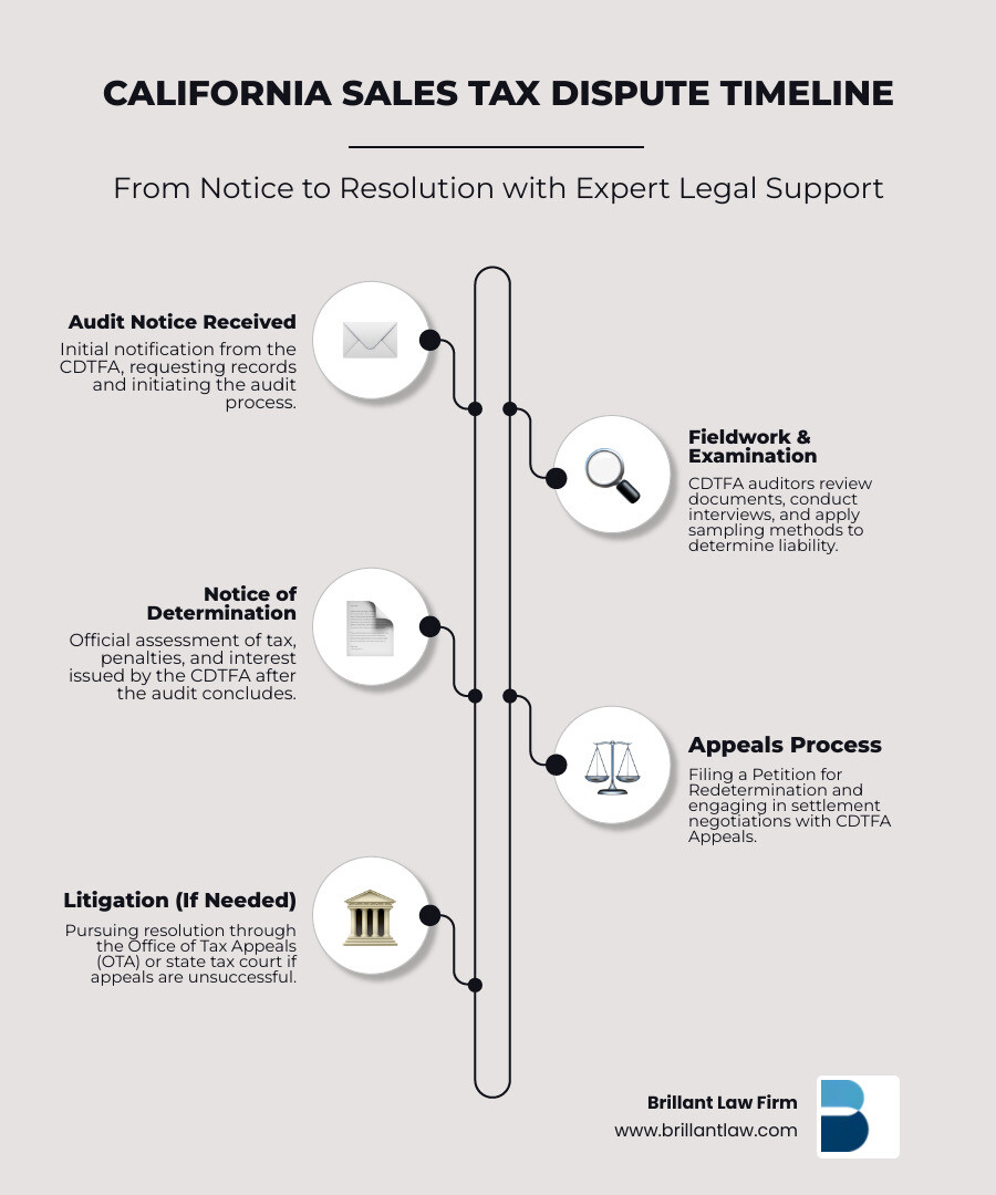 Infographic flowchart detailing the California sales tax dispute process, from CDTFA audit notice to potential tax court litigation. Infographic flowchart detailing the California sales tax dispute process, from CDTFA audit notice to potential tax court litigation.
