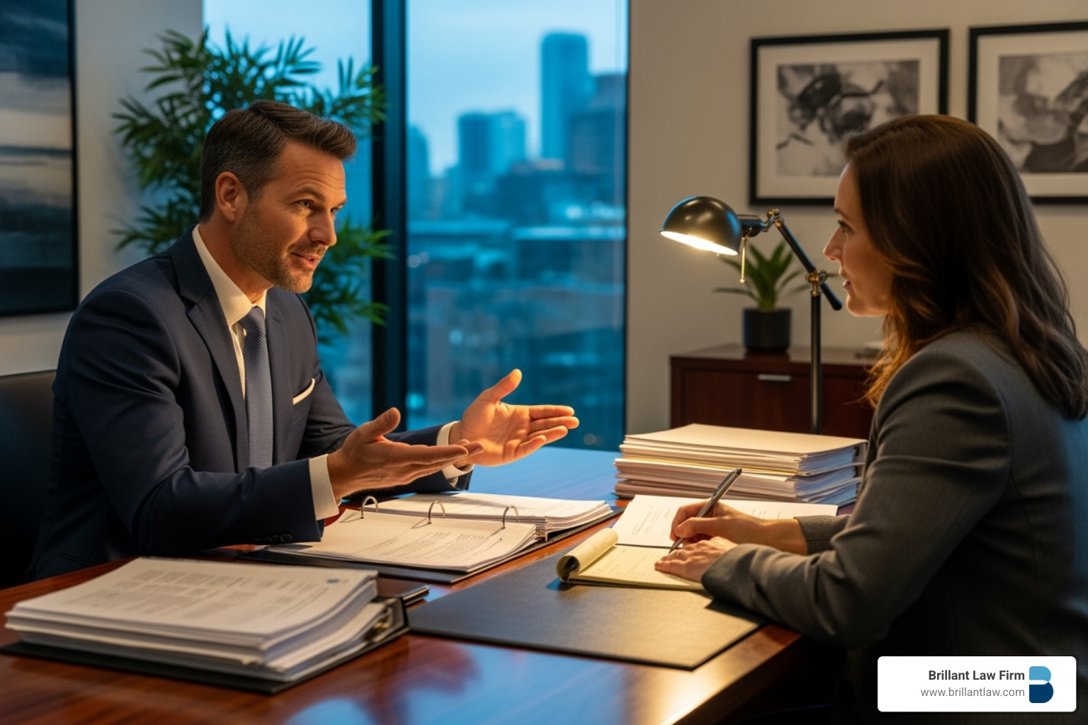 A sales tax lawyer in a professional office setting reviews documents and consults with a client, representing audit defense. A sales tax lawyer in a professional office setting reviews documents and consults with a client, representing audit defense.