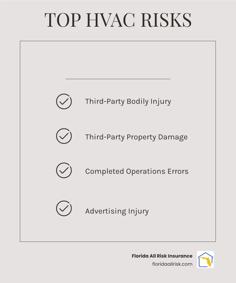 Infographic of Florida All Risk Insurance coverage, including CGL, BOP, and CPP, with typical costs and limits, highlighting property damage, bodily injury, and completed operations as key covered scenarios. - general liability insurance for hvac contractors infographic checklist-light-beige