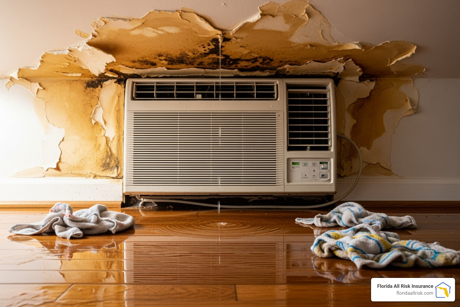 A water-damaged ceiling and floor beneath an indoor air conditioning unit, illustrating a common property damage claim. - general liability insurance for hvac contractors