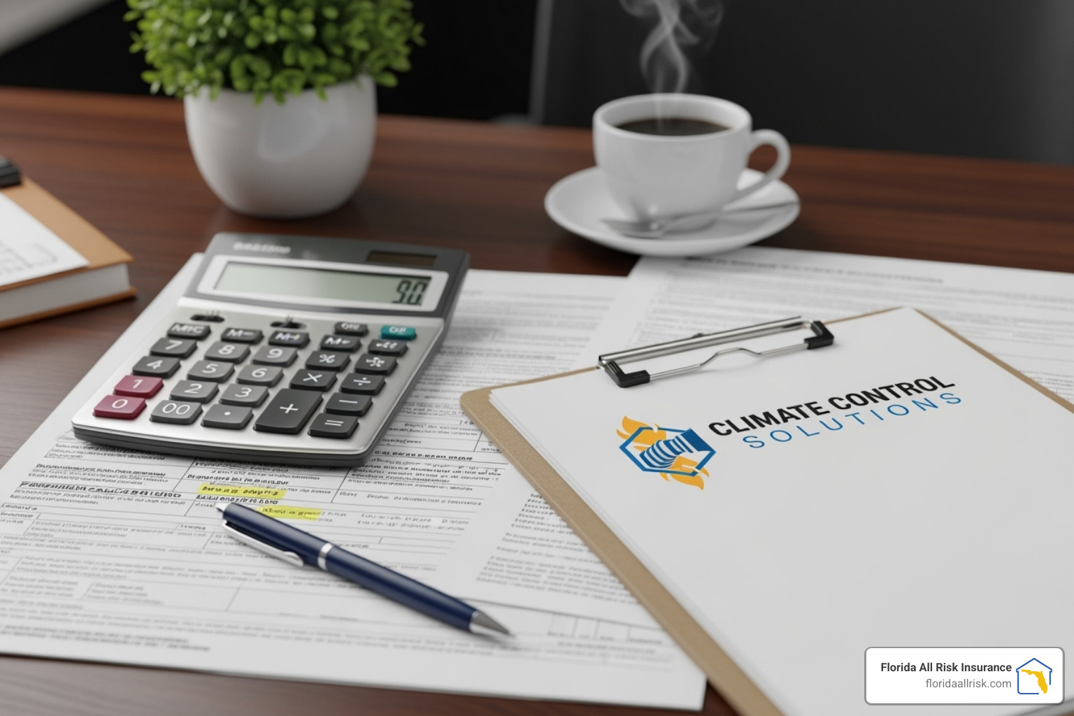A calculator and a clipboard with an HVAC business logo, symbolizing the calculation of insurance premiums. - general liability insurance for hvac contractors