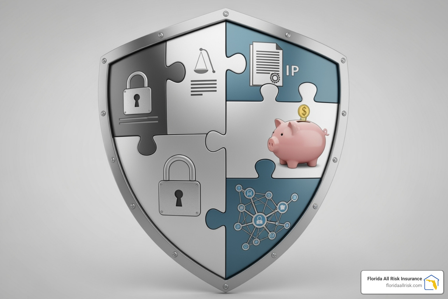 Puzzle pieces labeled with different insurance types (CGL, Auto, Workers' Comp, Tools) fitting together to form a shield. - general liability insurance for hvac contractors