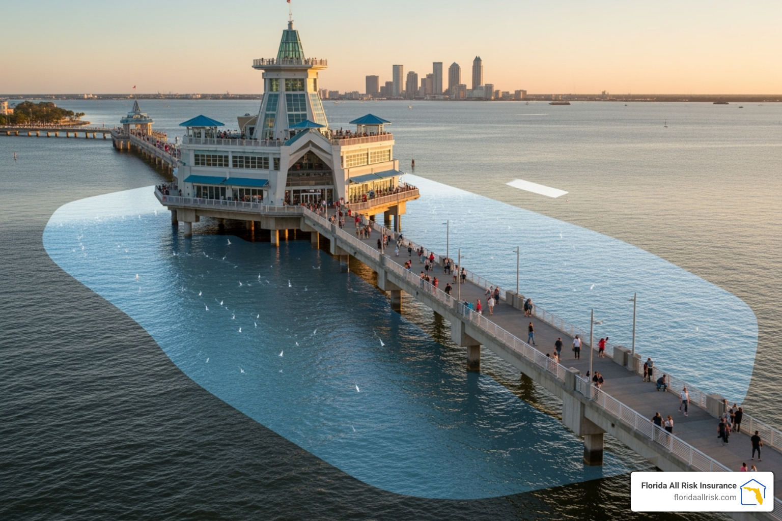 St. Petersburg Pier with flood risk data overlays showing properties at risk, historical flood events, and future projections - St. Petersburg flood insurance