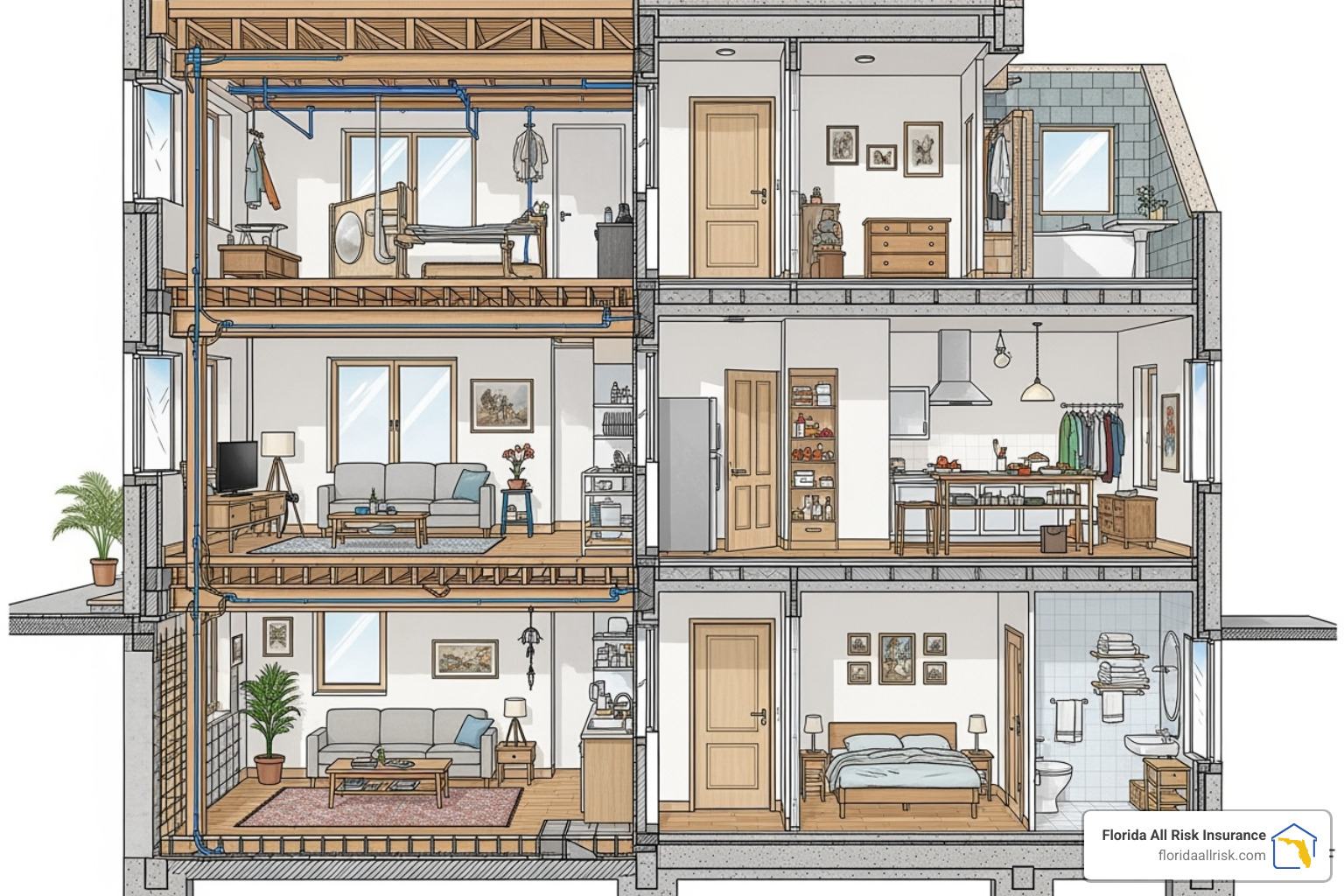 Cutaway house diagram showing what is typically covered under building vs. contents coverage - St. Petersburg flood insurance