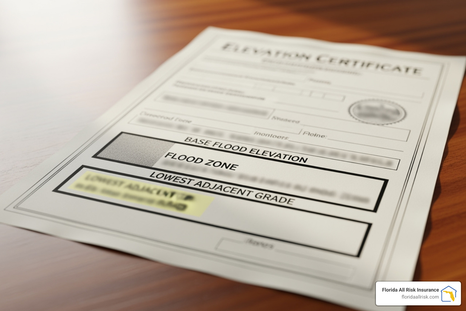 A detailed image of an Elevation Certificate document, highlighting key sections such as flood zone, base flood elevation, and lowest adjacent grade - St. Petersburg flood insurance