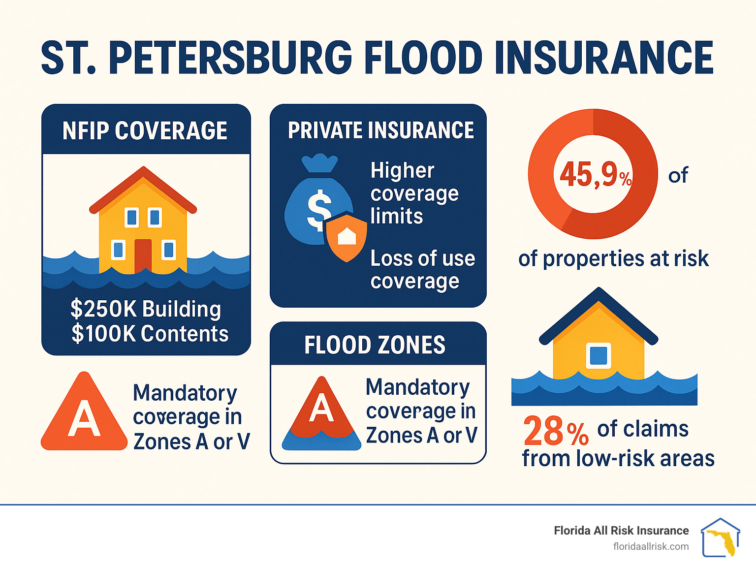 Comprehensive infographic showing St. Petersburg flood insurance options including NFIP coverage limits of $250k building/$100k contents, private insurance benefits like higher limits and loss of use coverage, flood zones A/V requiring mandatory coverage, and key statistics showing 45.9% of properties at risk with 28% of claims coming from low-risk areas - St. Petersburg flood insurance infographic 