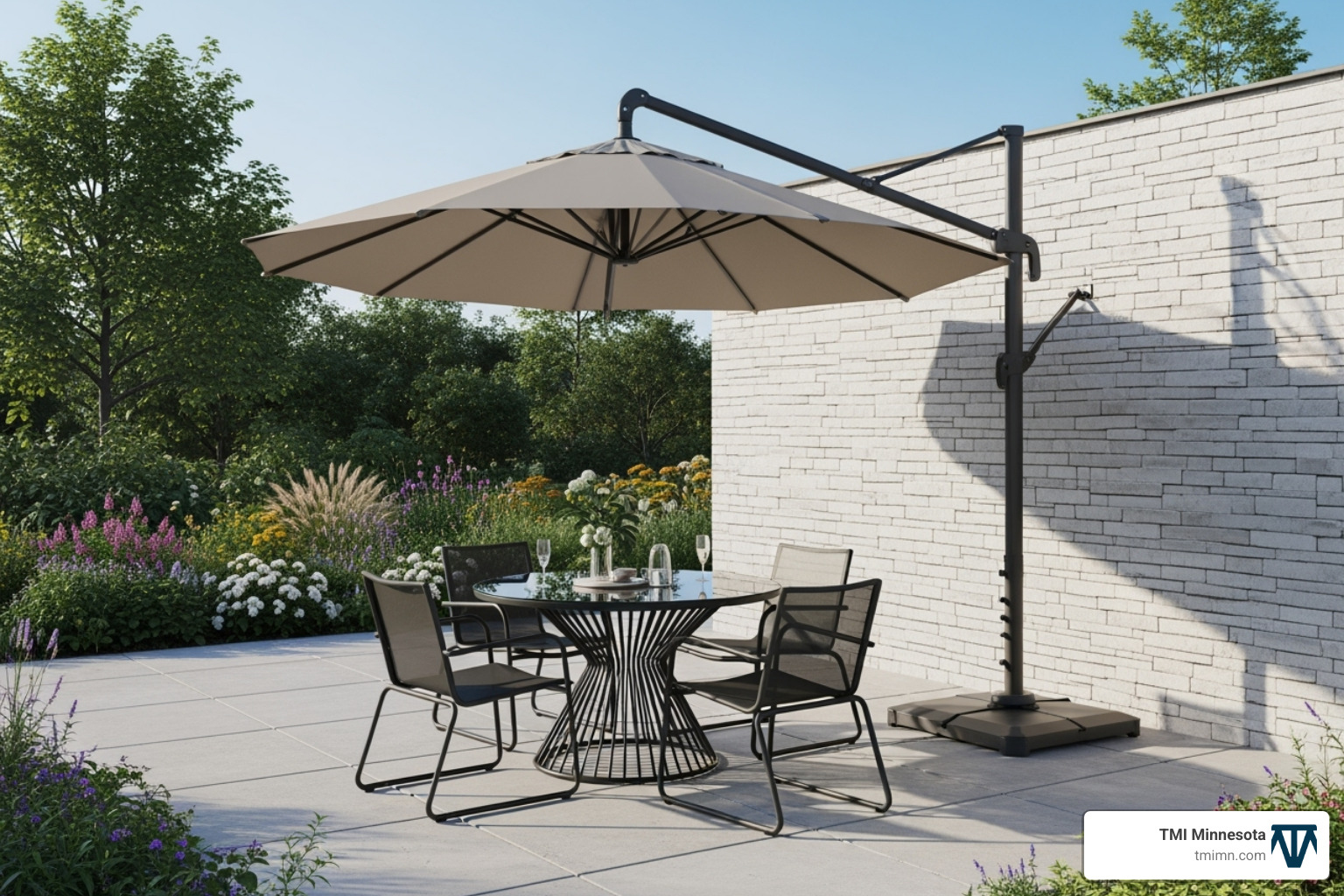 image of a sleek wall-mounted umbrella with an articulating arm extended over a patio set - mountable umbrella