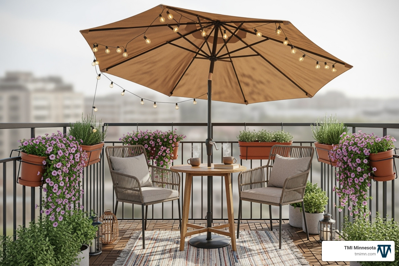 image of a cozy balcony with a railing-mounted umbrella, maximizing a tight space - mountable umbrella