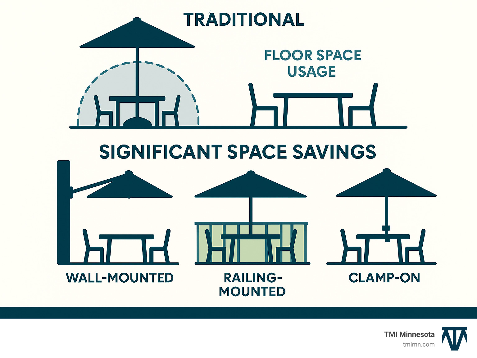 Infographic comparing floor space usage between traditional center-pole umbrellas with heavy bases versus wall-mounted, railing-mounted, and clamp-on mountable umbrellas, showing the significant space savings and improved traffic flow around outdoor furniture - mountable umbrella infographic 