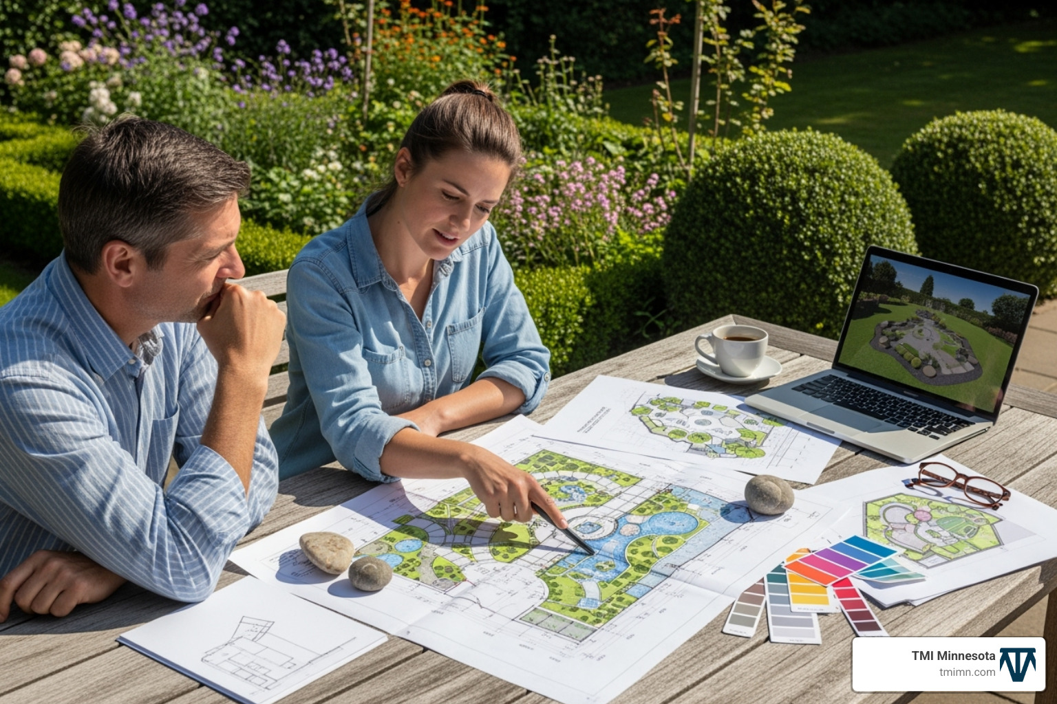 a landscape designer collaborating with a homeowner over plans - minnesota landscapes a landscape designer collaborating with a homeowner over plans - minnesota landscapes