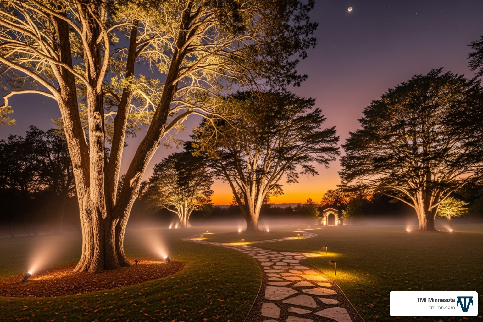 a landscape at dusk with dramatic uplighting on trees and illuminated pathways - minnesota landscapes a landscape at dusk with dramatic uplighting on trees and illuminated pathways - minnesota landscapes