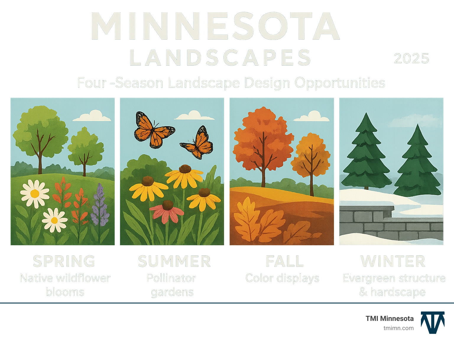 Comprehensive infographic showing Minnesota's four-season landscape design opportunities including spring native wildflower blooms, summer pollinator gardens with butterflies, fall color displays with maples and oaks, and winter interest through evergreen structure and hardscape features - minnesota landscapes infographic Comprehensive infographic showing Minnesota's four-season landscape design opportunities including spring native wildflower blooms, summer pollinator gardens with butterflies, fall color displays with maples and oaks, and winter interest through evergreen structure and hardscape features - minnesota landscapes infographic