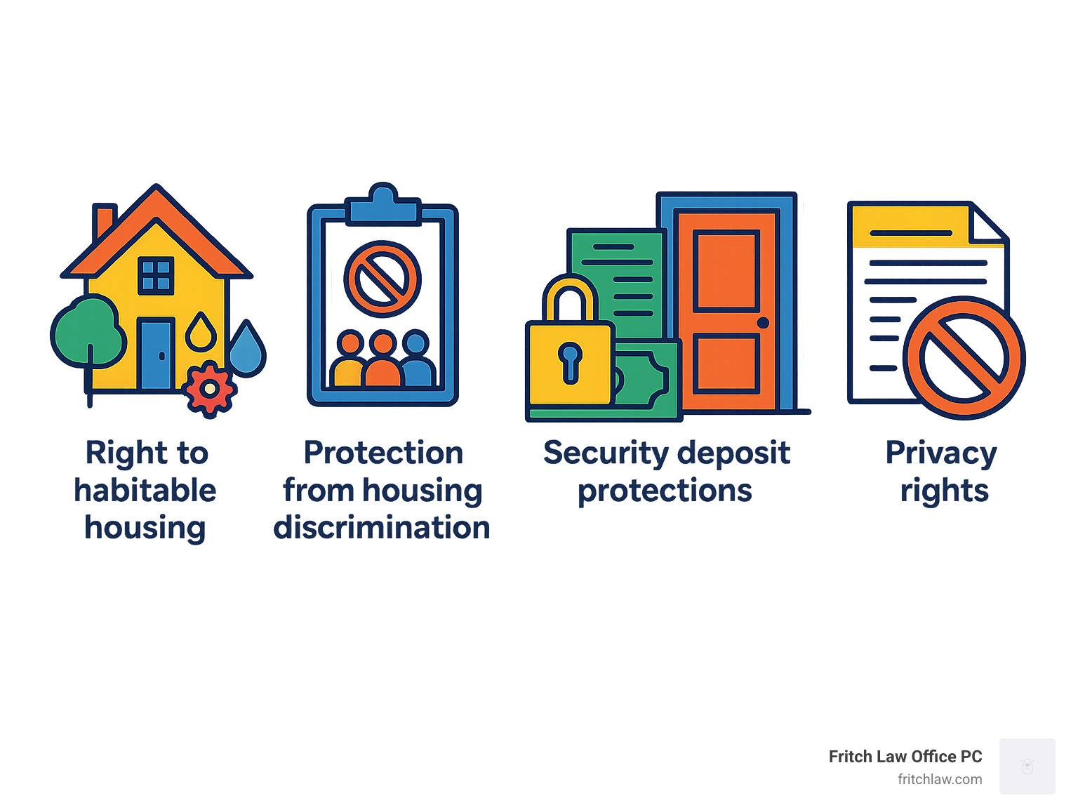 Infographic showing the five fundamental tenant rights: Right to habitable housing with working utilities and safe conditions, Protection from housing discrimination based on protected characteristics, Security deposit protections with limits on amounts and required itemized deductions, Privacy rights requiring landlord notice before entry, and Eviction protections ensuring proper legal procedures must be followed - legal protection for tenants infographic 