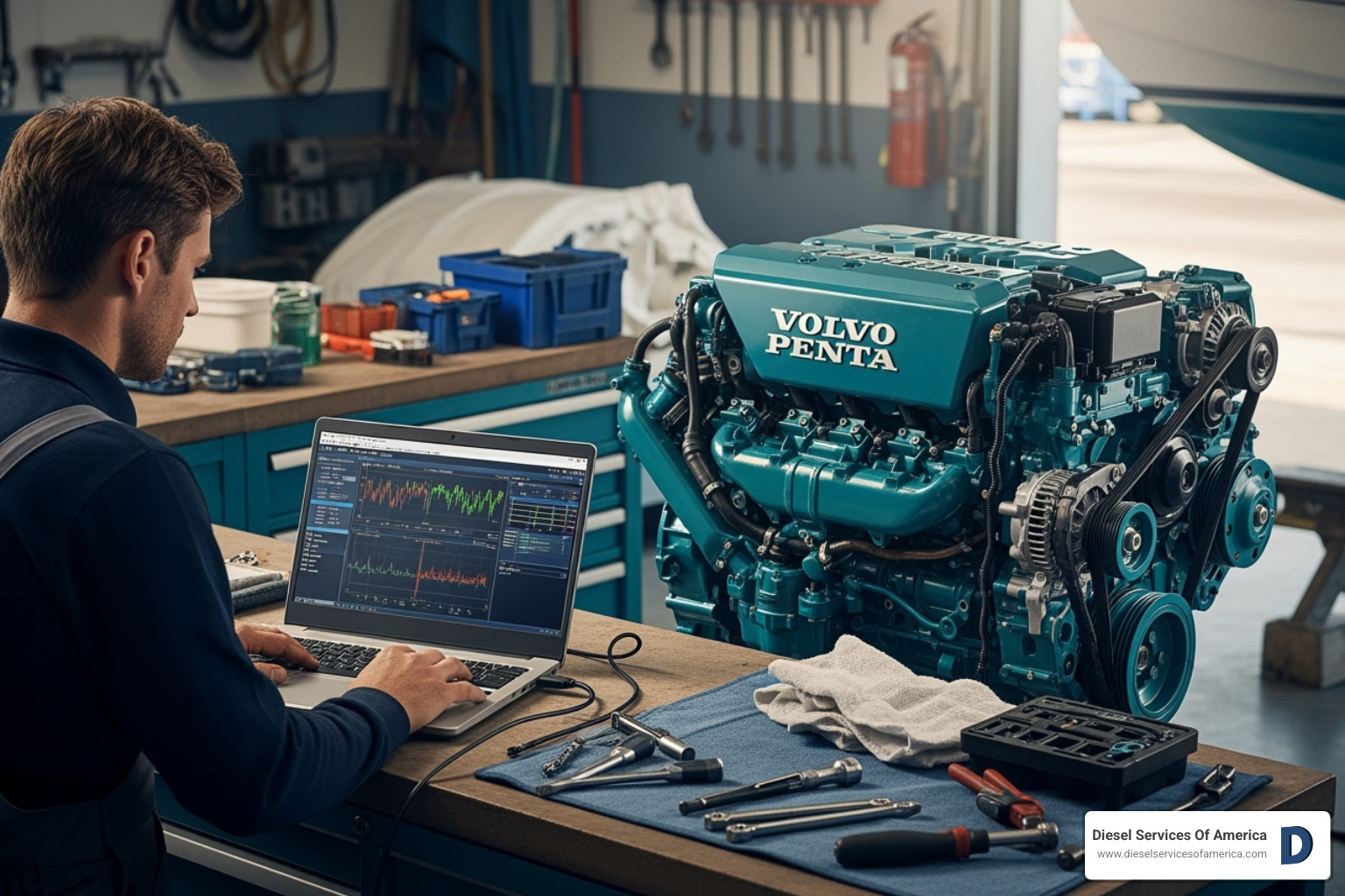 of a technician using diagnostic software on a laptop connected to a Volvo Penta engine - Volvo Penta technical support