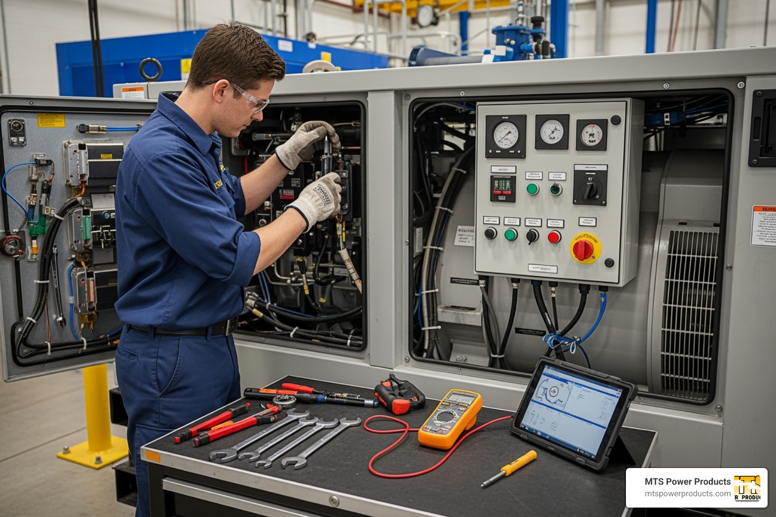 technician performing annual maintenance on a generator - natural gas generator cost