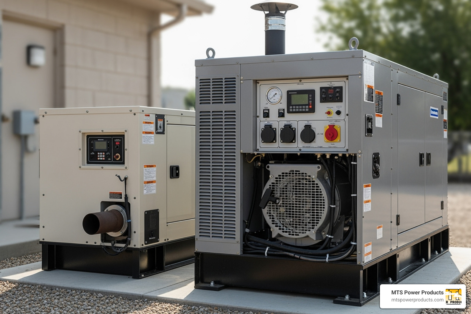 different sized generators, showing a smaller residential unit and a larger commercial unit - natural gas generator cost