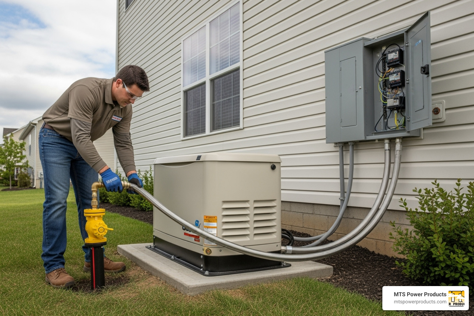 professional installing a generator, showing the connection to the gas line and electrical panel - natural gas generator cost