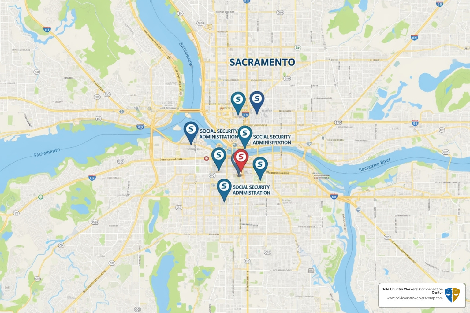 a map showing the locations of the main Sacramento SSA offices - social security sacramento