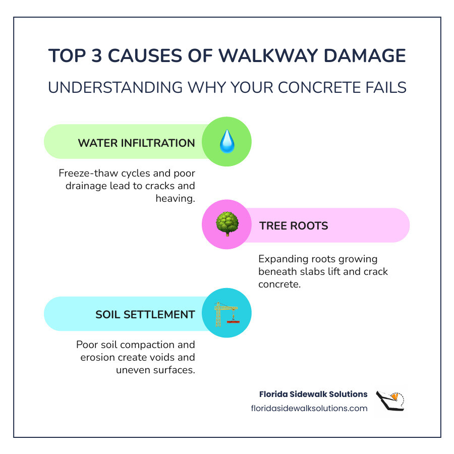 Infographic showing the three main causes of concrete walkway damage: water erosion creating cracks and heaving, tree roots lifting and breaking slabs, and soil settlement causing uneven surfaces and trip hazards - how to repair broken concrete walkway infographic infographic-line-3-steps-colors