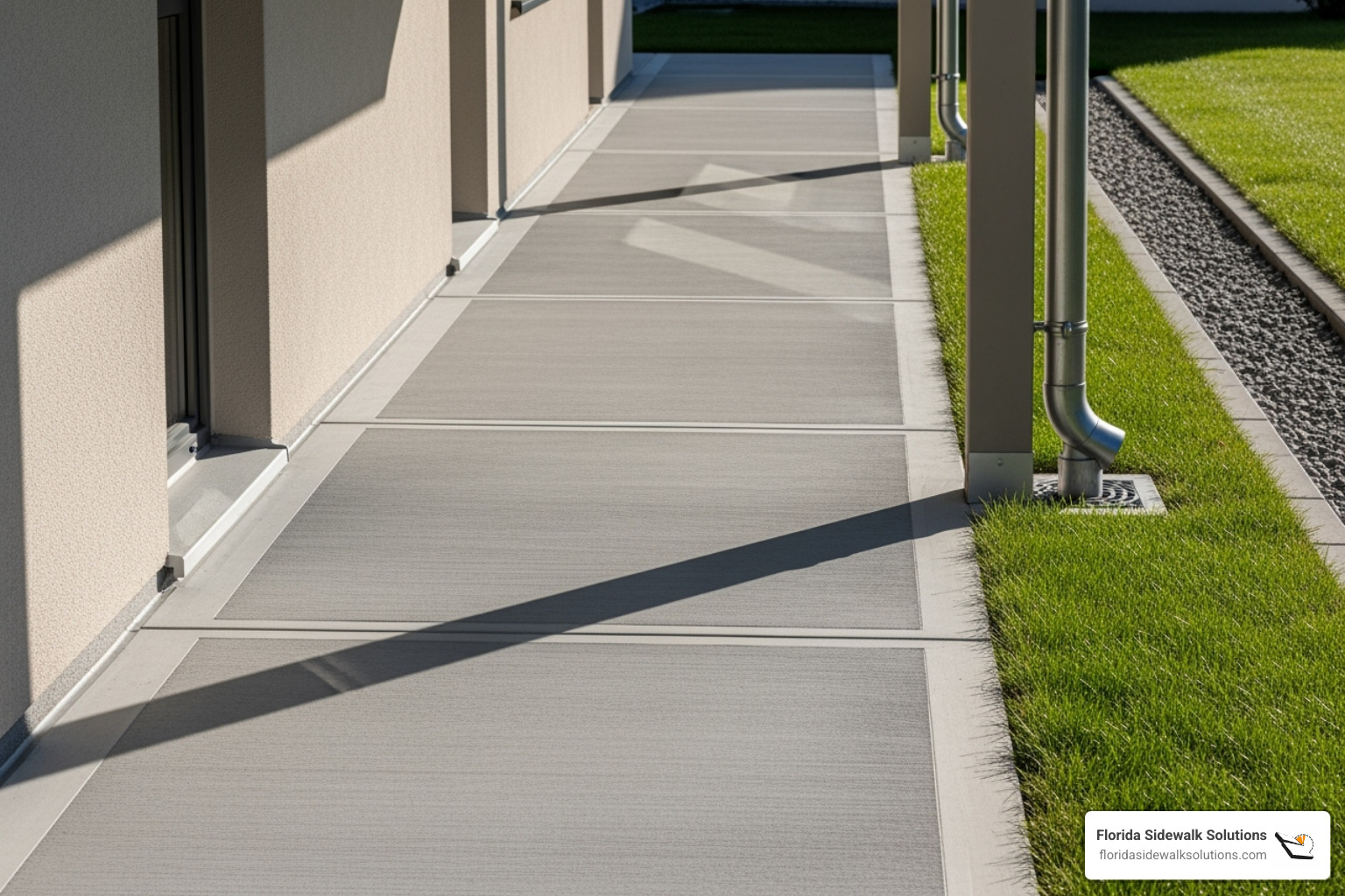 properly sealed concrete walkway next to a downspout that directs water away from the path - how to repair broken concrete walkway