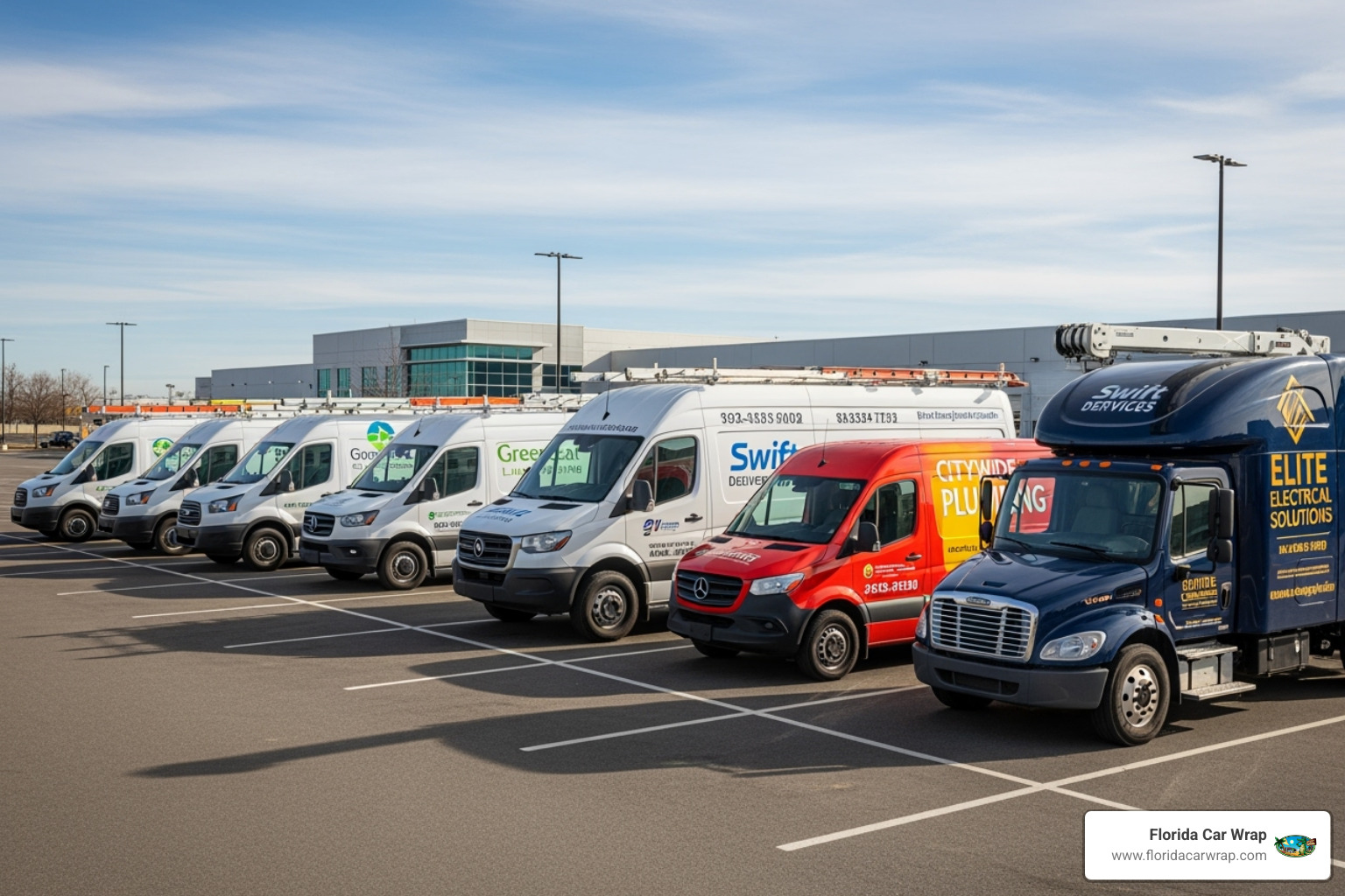 fleet of branded commercial vehicles lined up - car wrap solutions davie