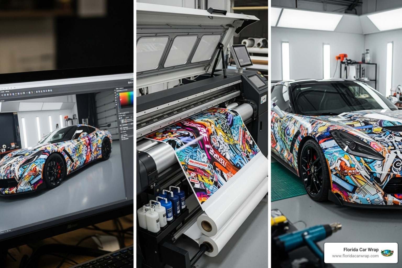 design-to-install process: a computer screen with a design, a large format printer, and the final wrapped vehicle - car wrap solutions davie