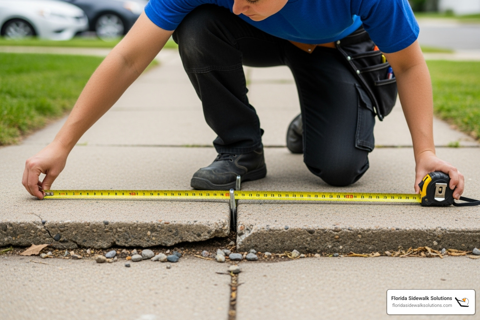 person using a tape measure to check the height difference between two uneven sidewalk slabs - how to repair broken concrete walkway