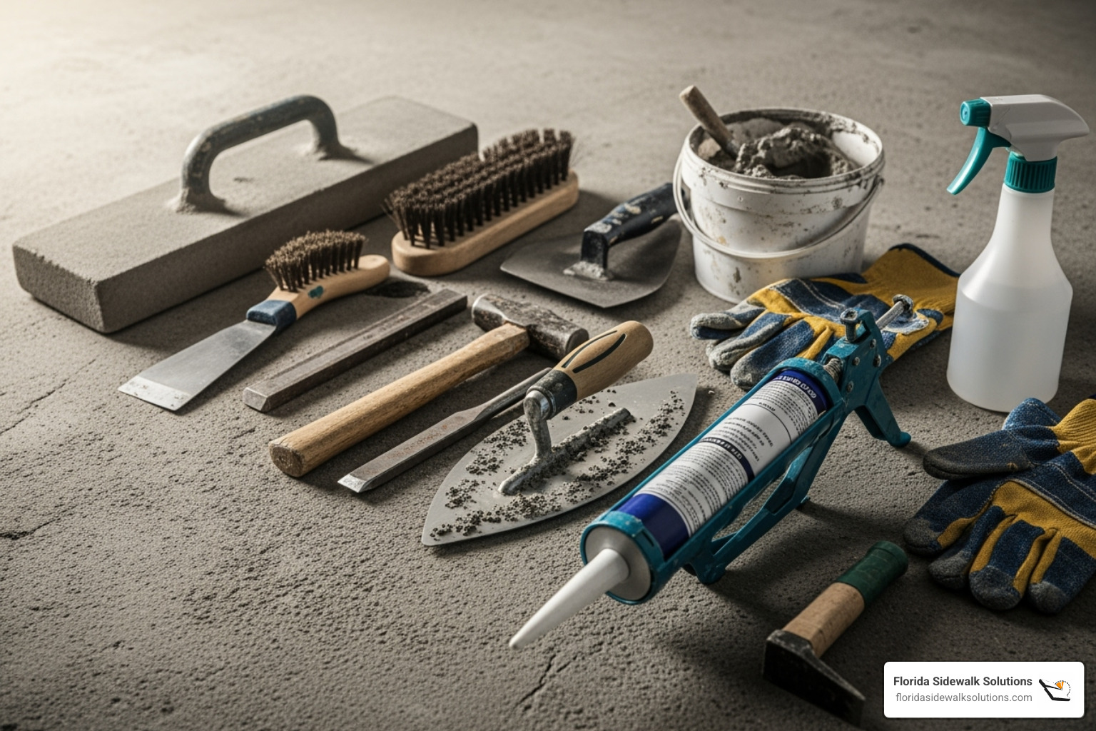 various concrete repair tools like a trowel, wire brush, and caulk gun laid out - how to repair broken concrete walkway