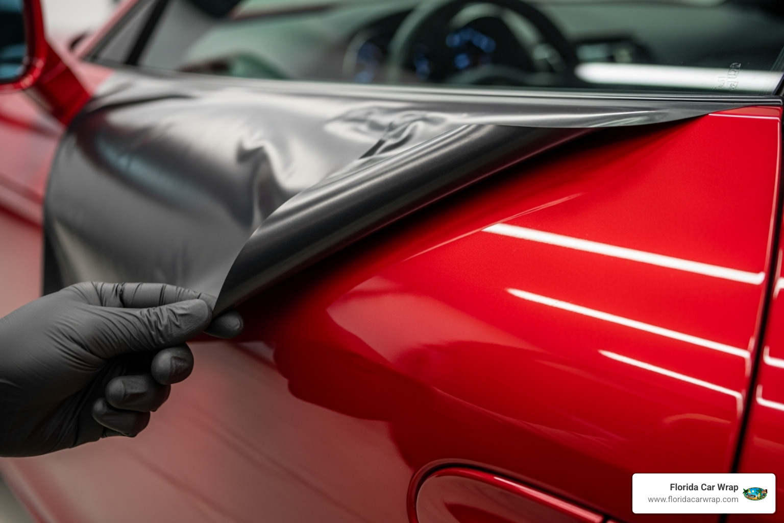 a wrap being carefully peeled off a car door, revealing pristine, glossy paint underneath - Why wrap your car