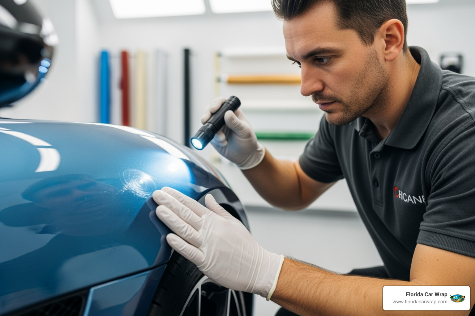 a professional installer examining a car's surface before applying a wrap - Why wrap your car