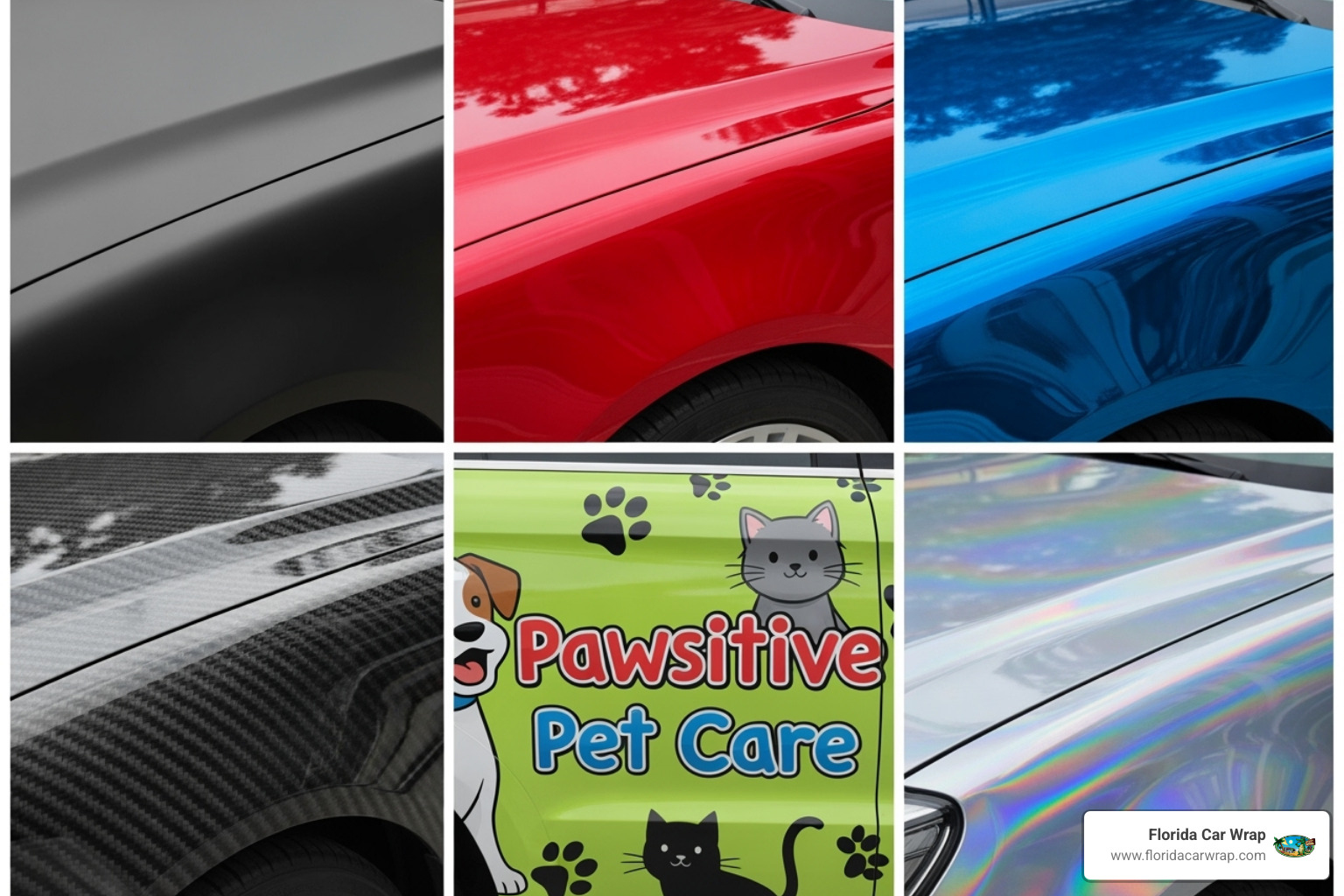 a collage showcasing various wrap finishes and a custom-designed commercial vehicle wrap - Why wrap your car