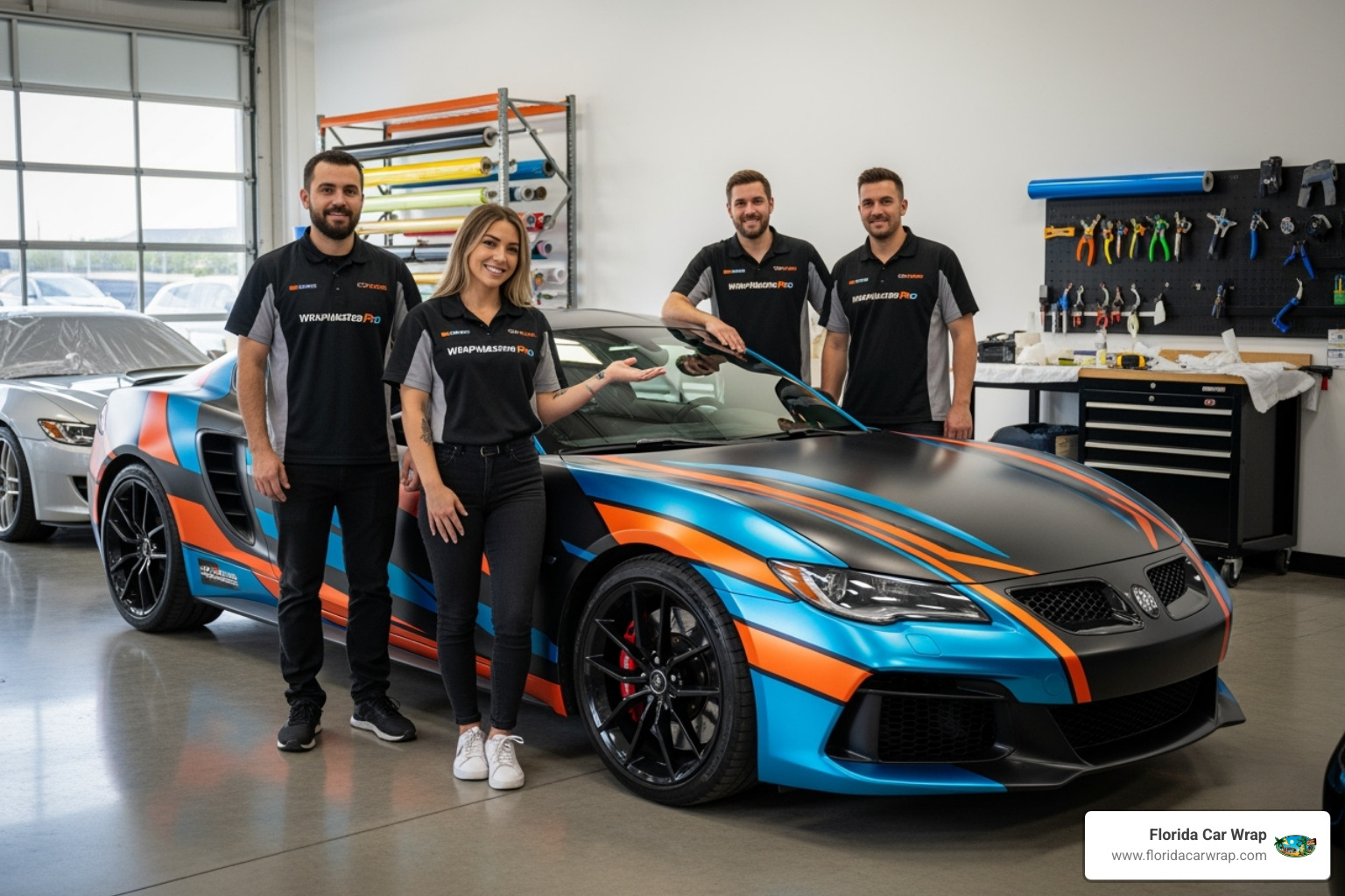 the Florida Car Wrap team standing proudly next to a perfectly finished wrapped vehicle - Why wrap your car
