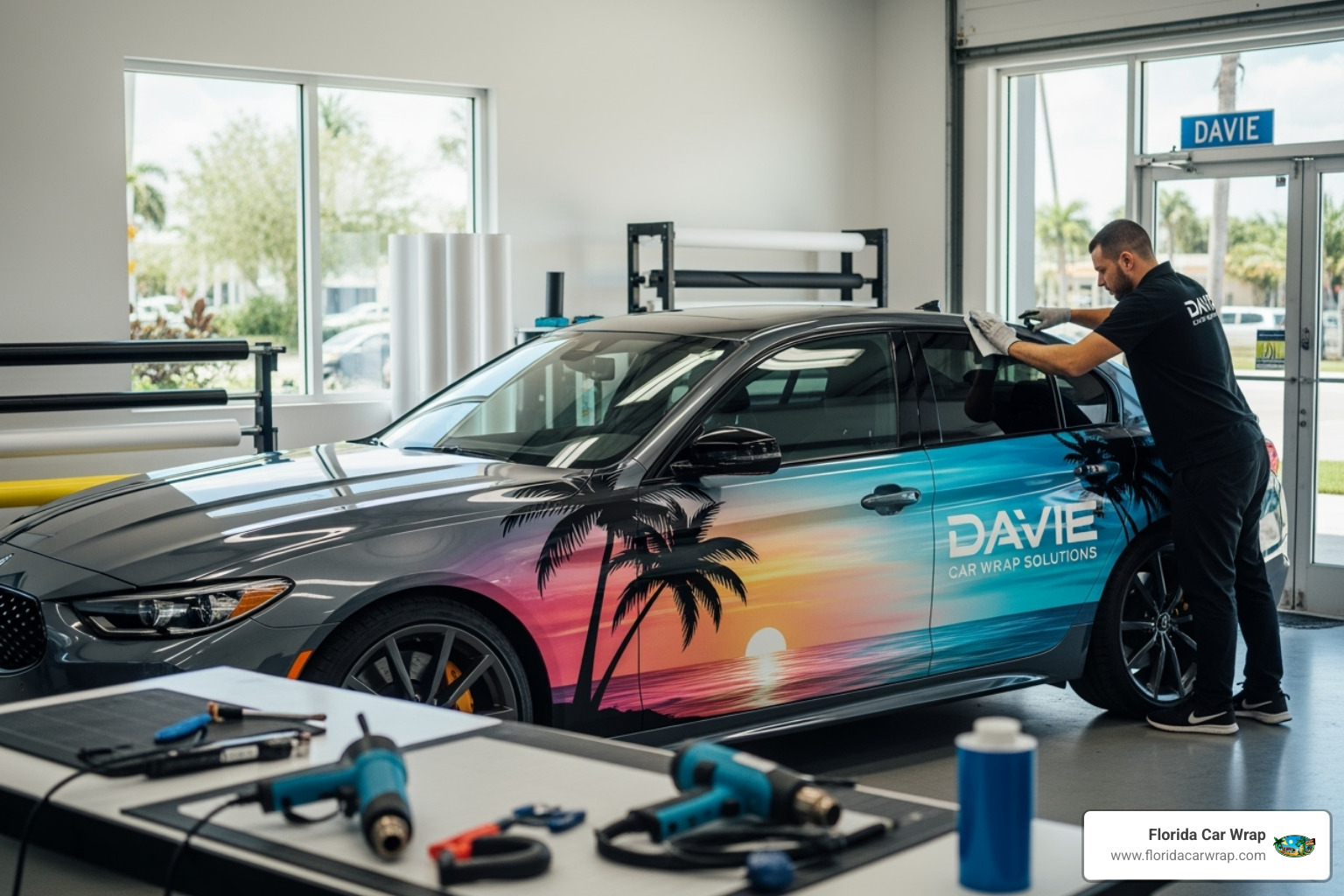 collage showing different types of wraps: a commercial van, a color-changed sports car, and a wrapped food truck - car wrap solutions davie