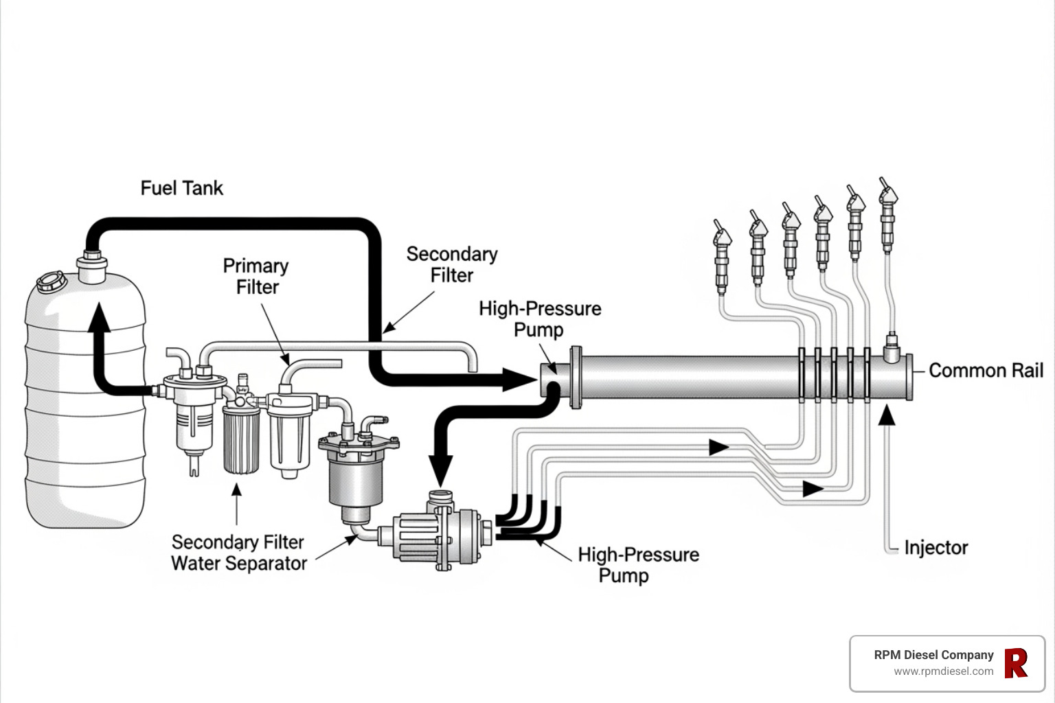 Diagram showing the components of a marine common rail fuel system, including tank, filters, pumps, common rail, and injectors - Diesel engine fuel injection
